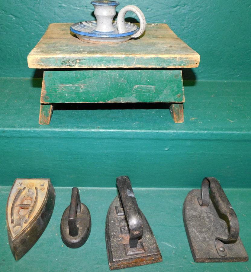 Lot Pine Stool, Flat Irons, & Chamber Pottery C/stick (1 of 5)