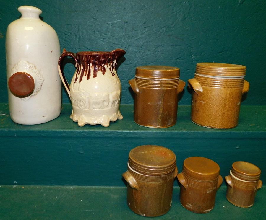 Pottery Canister Set, Porc Hot Water Bottle, & Pitcher: Pottery Canister Set, Porcelain Hot Water Bottle, & Pitcher, (As Is) .