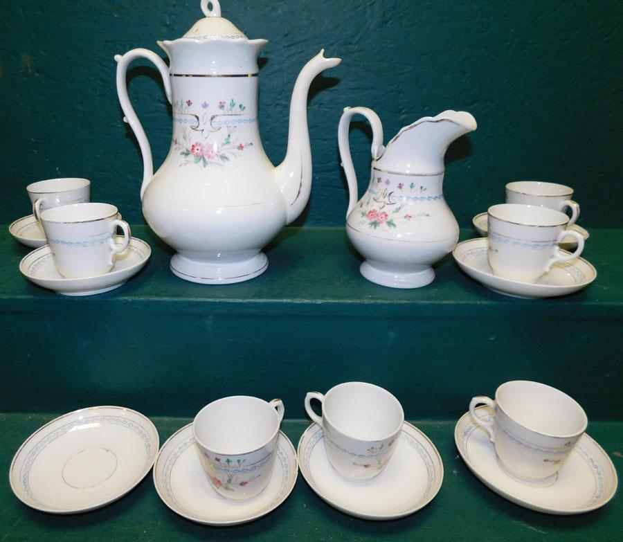 Porcelain Tea Pot, Pitcher, Porcelain Cups & Saucers: Porcelain Tea Pot, Pitcher, Porcelain Cups & Saucers.