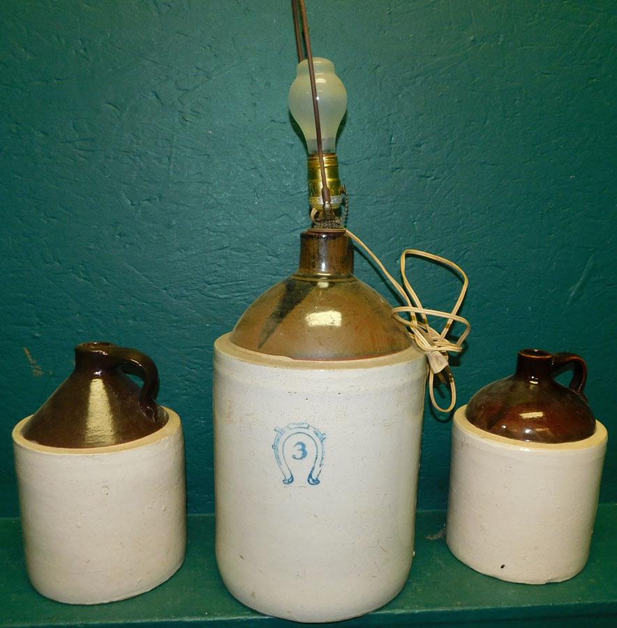 3 Whiskey Jugs, (1 Made Into Lamp) (1 of 2)