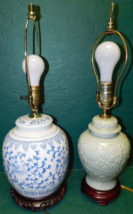 Celadon Urn Lamp & Bl/Wh Ginger Jar Made Into Lamp (1 of 3)