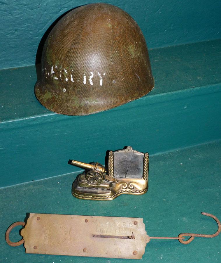 WWII Helmet, Picture Frame, & Early Brass Scale (1 of 4)