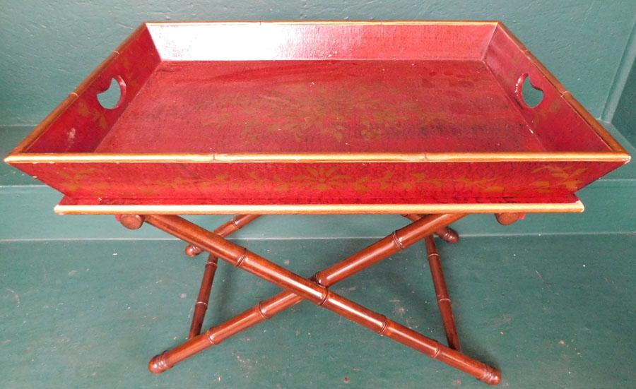 Red Lacq Butler's Tray Tea Table w Faux Bamboo Stand (1 of 3)