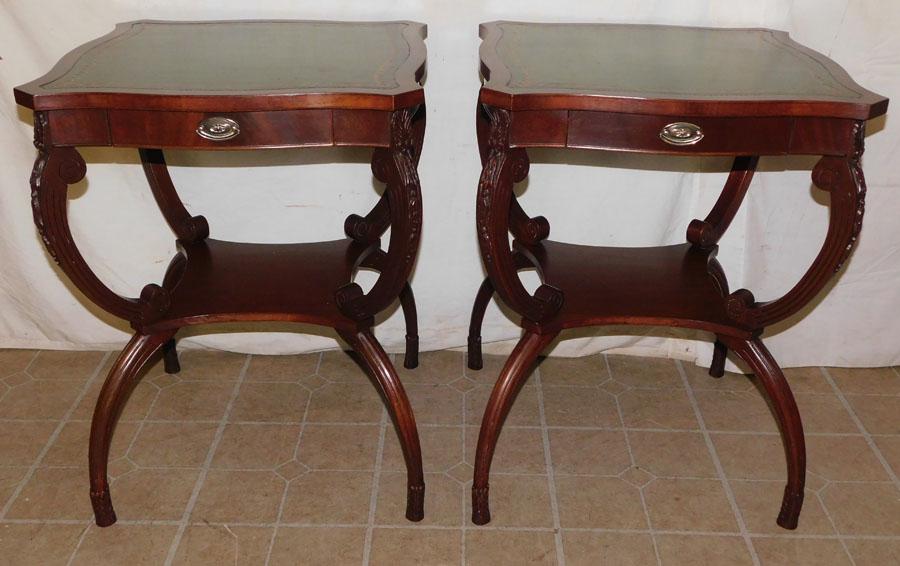 Pair of Carved Mahogany Tooled Leather Top End Tables (1 of 5)