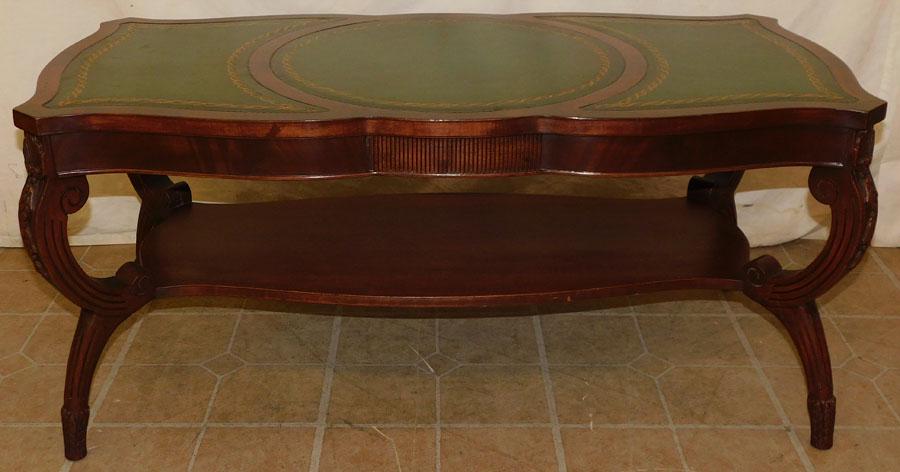 Carved Mahogany Tooled Leather Top Coffee Table (1 of 3)