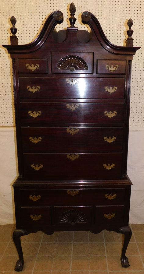 Mahogany Chippendale Broken Arch Top Highboy By Kaplan: Mahogany Chippendale Broken Arch Top Highboy By Kaplan. 36" W 19" D 79 1/2" H