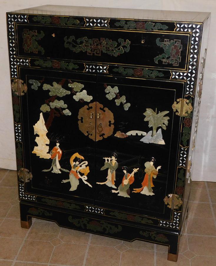 Black Lacquered Oriental Cabinet W/ Soapstone Insets (1 of 6)