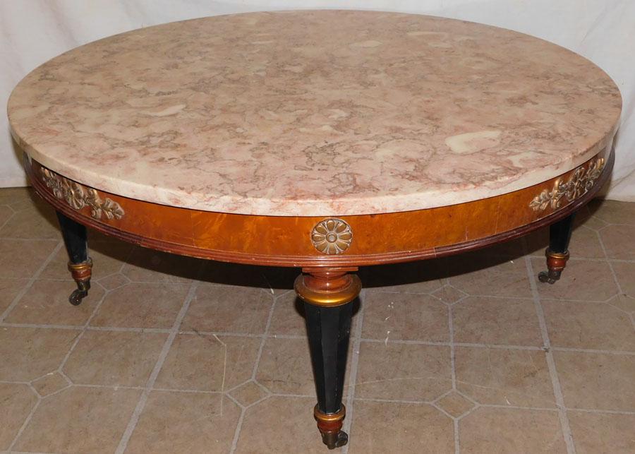 French Burl Walnut Marble Top Round Coffee Table (1 of 3)