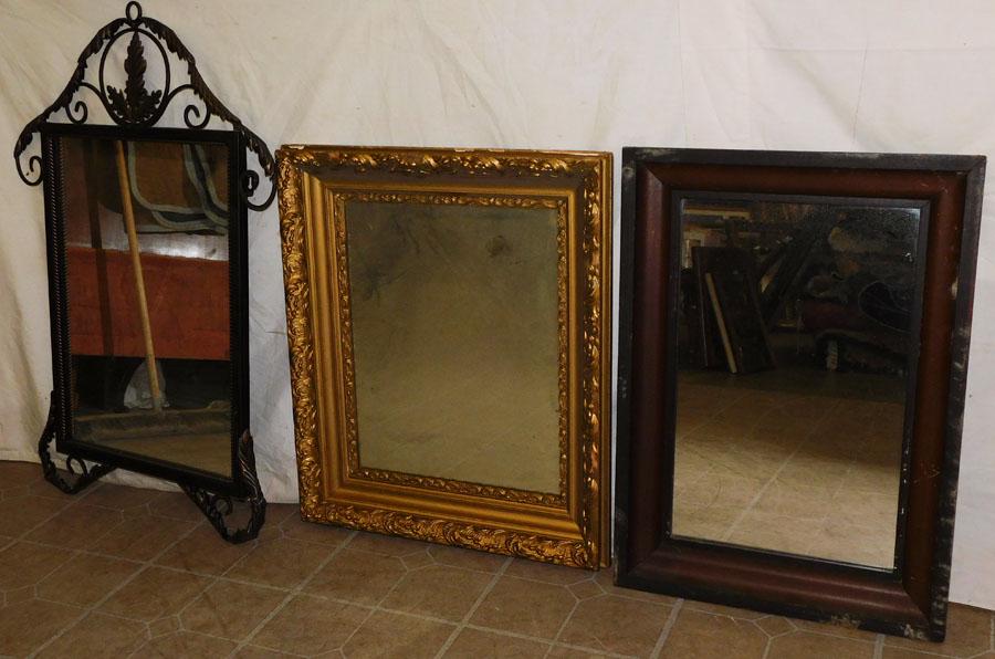 Two Antique Mirrors & One Metal Framed Mirror: Two Antique Mirrors & One Metal Framed Mirror. 26" X 37 1/2"