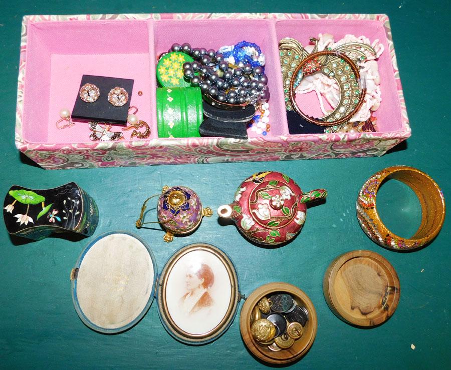Brass Clock, Cloisonné Box, Costume Jewelry, Dec.: Brass Clock- Cloisonné Box - Costume Jewelry - Decorative Eggs.