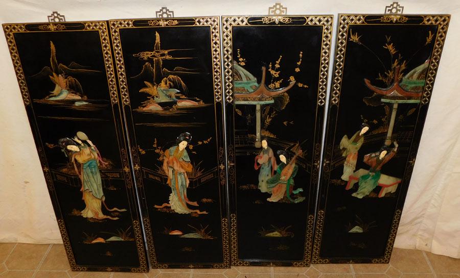 Lot 4 Oriental Black Lacquered Panels (1 of 2)