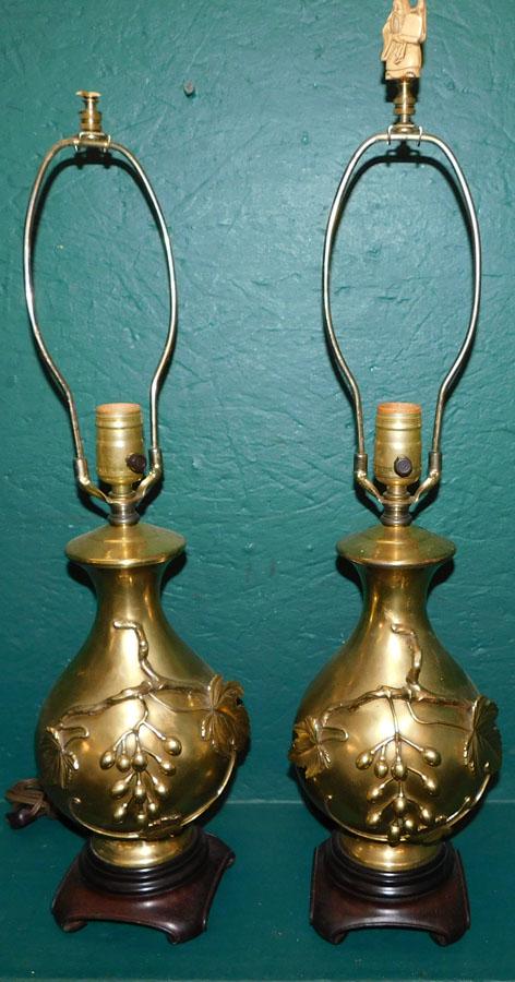 Pr Brass Vases Made Into Lamps w Grape & Dragon Motif (1 of 3)