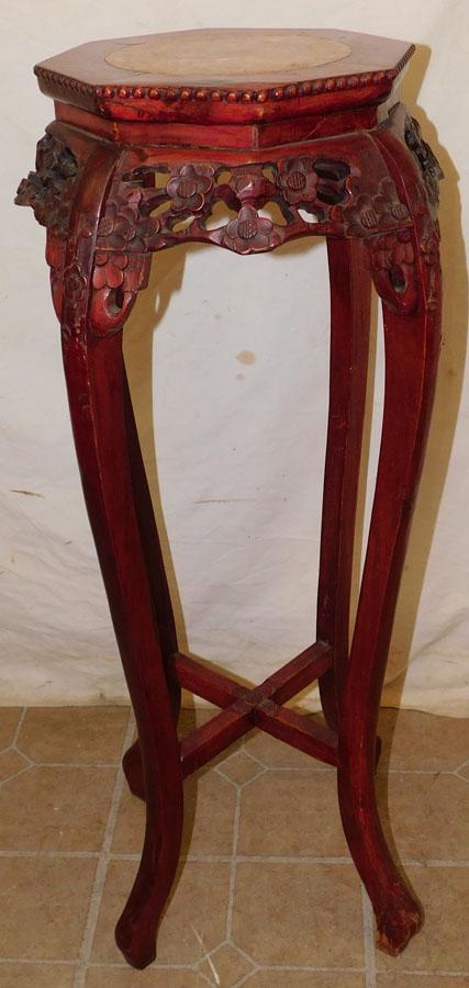 Oriental Carved Plant Stand w Rose Marble Insert Top (1 of 3)