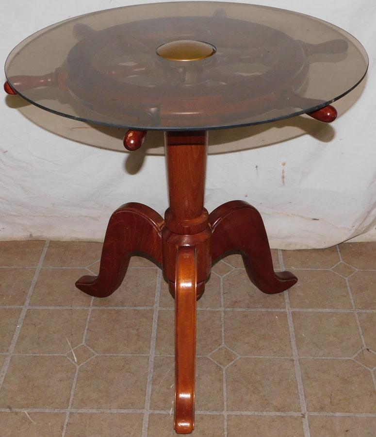 Teakwood & Brass Ships Wheel Table with Glass Top (1 of 2)