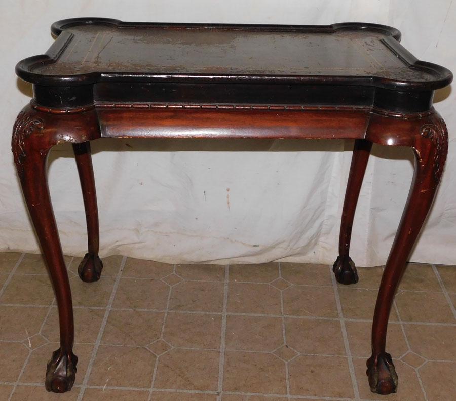 Carved Mahogany Tooled Leather Top Tea Table (1 of 11)