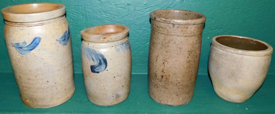 Lot of 4 Stoneware Jars, (2 Blue Feather Decorated) (1 of 4)