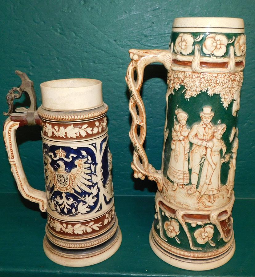 2 Ironstone German Beer Steins: 2 Ironstone German Beer Steins. Up to 14" H