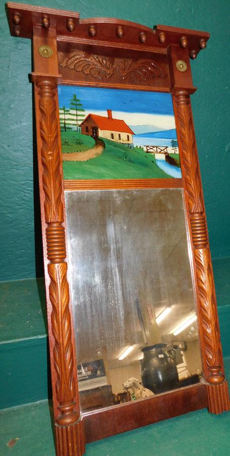 Carved Mah Federal Style Mirror w Reverse Pntd Panel (1 of 4)