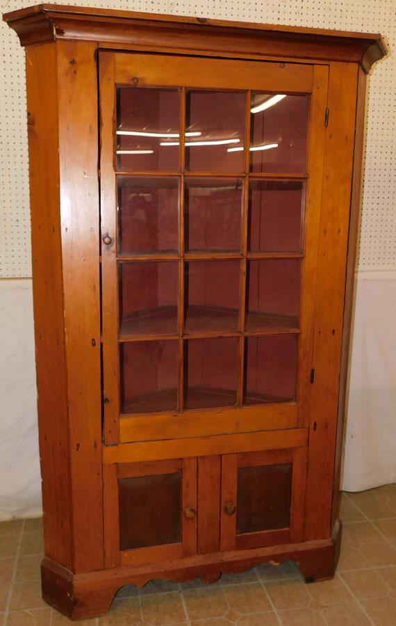 Antique Pine Corner Cabinet W/ Glass Paneled Doors (1 of 3)
