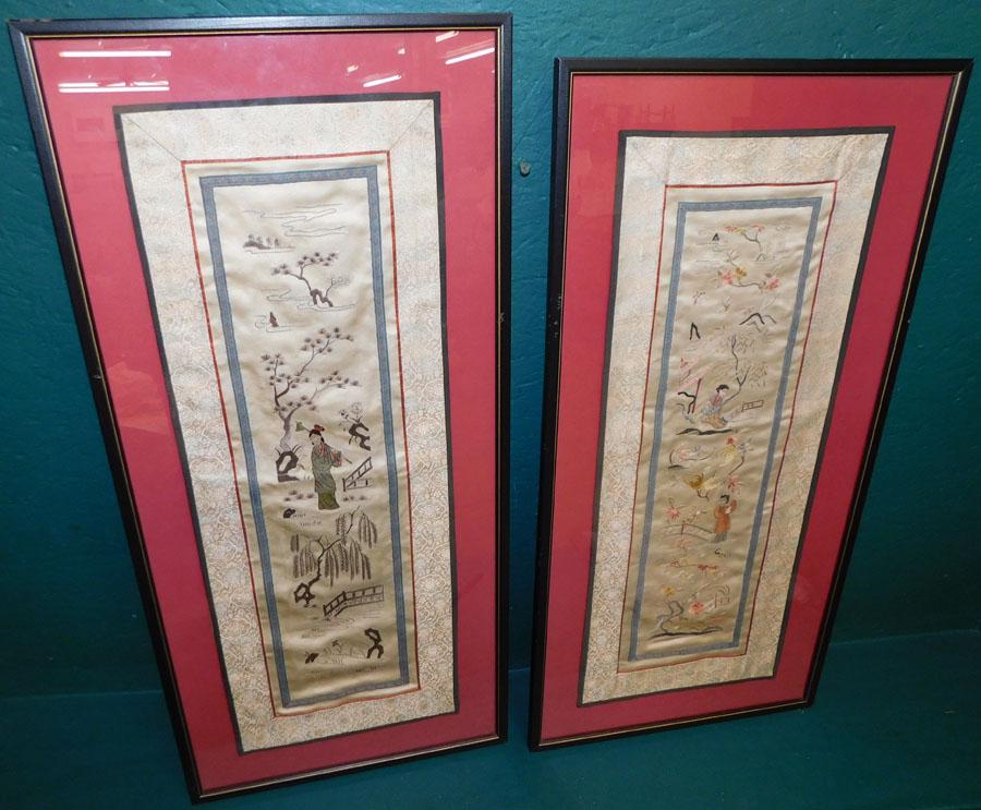 Pair Framed Oriental Silk Embroideries (1 of 6)