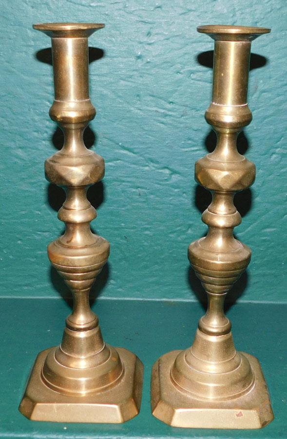 Pair Antique Brass Push Up Candlesticks (1 of 2)
