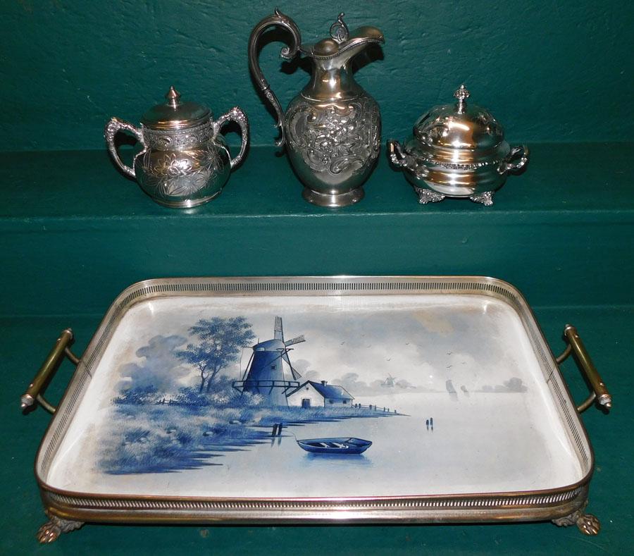 3 Pc Antique Silver Plate & Porcelain & SP Gallery Tray (1 of 4)