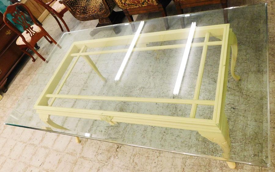 Painted Wood Queen Anne Glass Top Dining Table: Painted Wood Queen Anne Glass Top Dining Table. 84" W 48" D 29 1/4" H