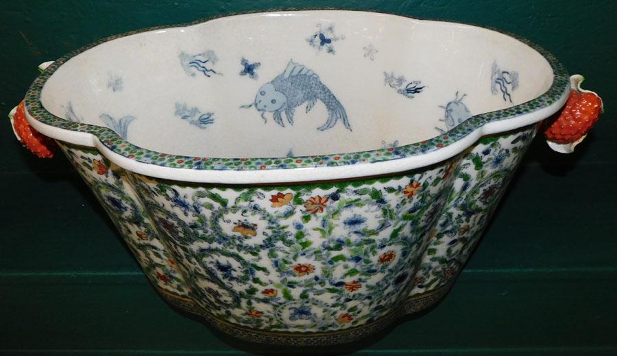 Oriental Porcelain Fish Bowl: Oriental Porcelain Fish Bowl. 15 3/4" D 10 1/2" H