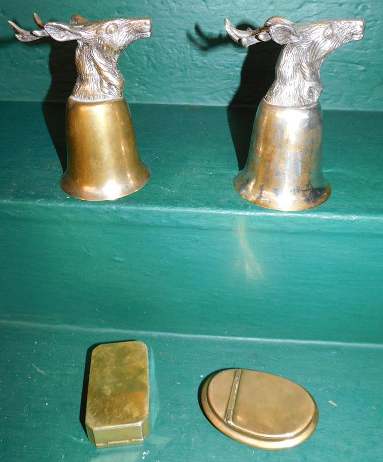 (2) 19th C Brass Tobacco Boxes & Pr Brass Stirrup Cups (1 of 3)