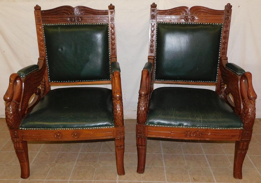 Pr Mahogany Carved Swans Arm Chairs W/ Leather Uph (1 of 6)