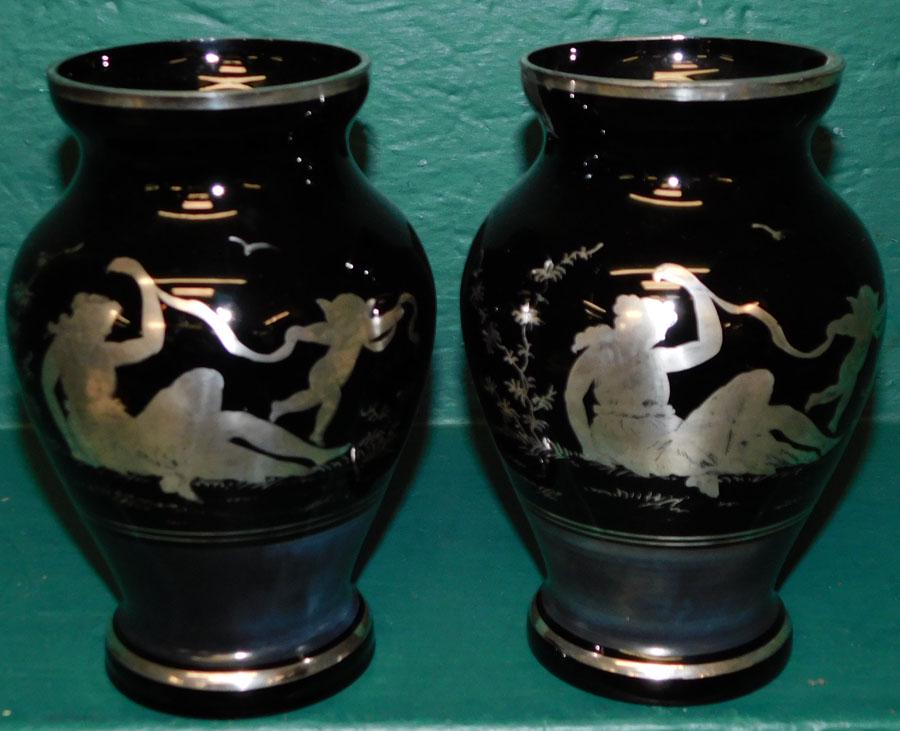 Czechoslovakia Black Glass Vases W/ Silver Overlay Dec. (1 of 4)