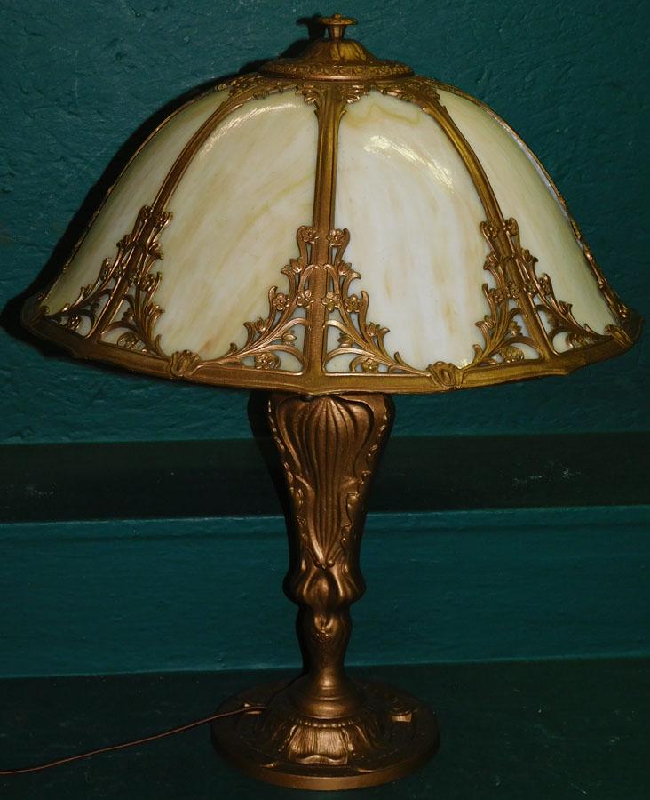 Signed Rainaud 8 Panel Slag Glass Table Lamp (1 of 8)