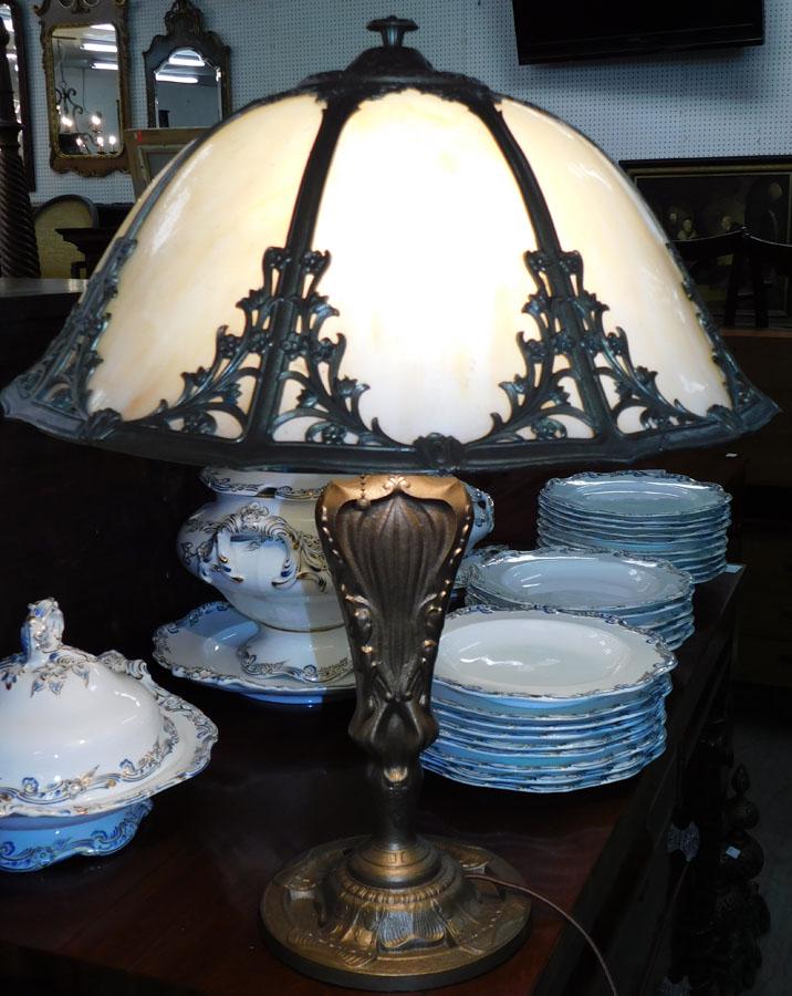 Antique 11 Panel Slag Glass Lamp with Lighted Base (1 of 7)