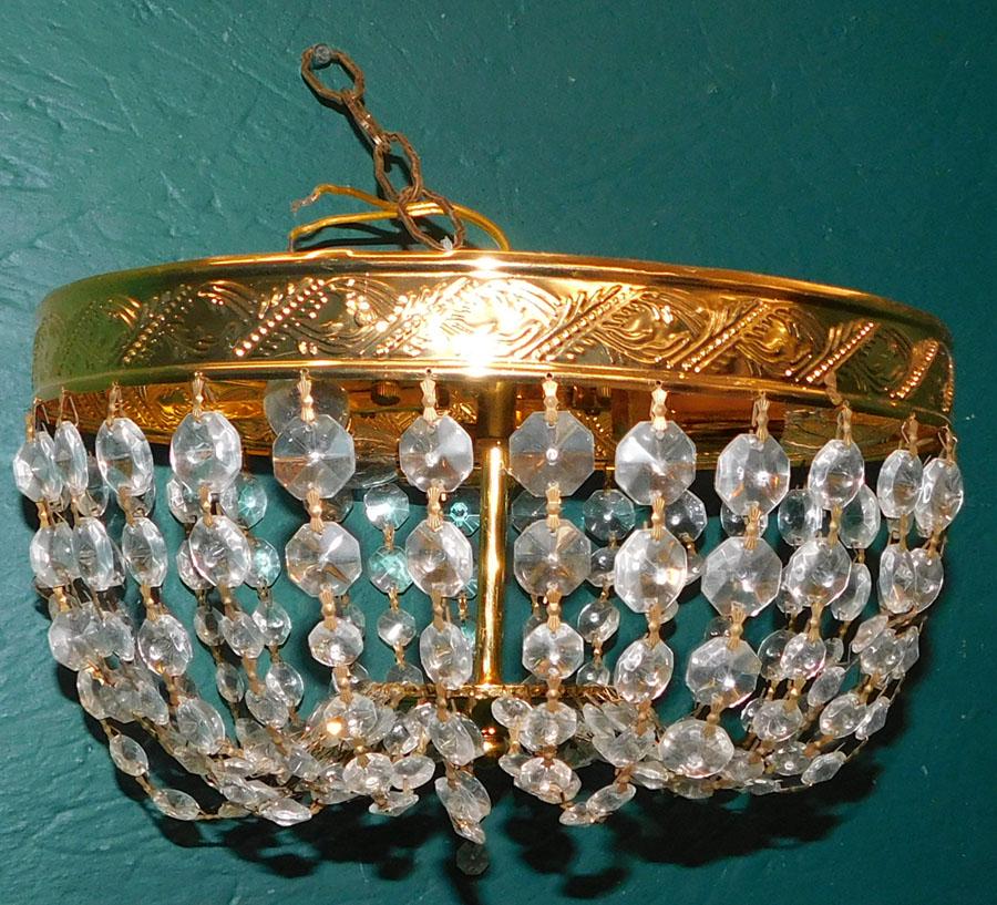 Gilt Metal & Crystal Foyer Lamp: Gilt Metal & Crystal Foyer Lamp. 12" Dia 6" H