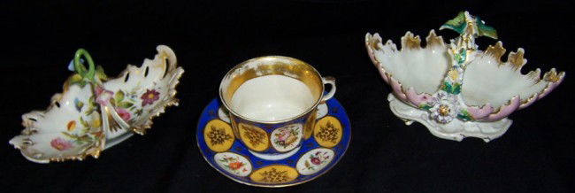 2 Old Paris baskets and gold cup and saucer.: 2 Old Paris decorative baskets and Old Paris gold decorated cup and saucer.
