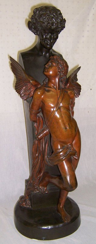 Bronze mythological statue. Signed: Bronze mythological statue. Signed F.( Felix) Sanzel (1829-1883). Date is 1880.Title is "Amour Captif (Love Captured) Foundry mark.29" tall. Includes framed photograph.