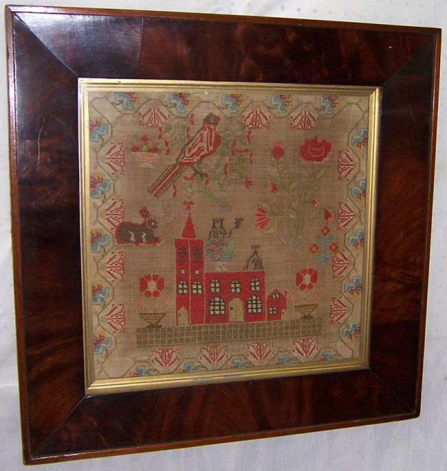 Needlework sampler Date 1841, signed M.F.: Needlework sampler of church and wildlife. Date 1841, signed M.F. in wonderful Victorian frame. 24 1/2" square.