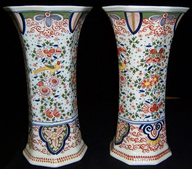 Pair of Faience decorated vases.: Pair of Faience decorated vases. 13 2/3" tall x 7" diameter.