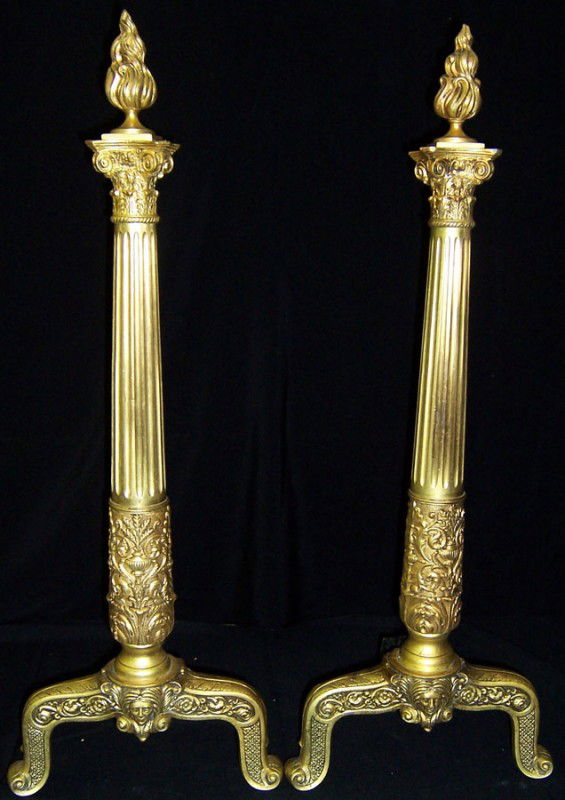 Pair of French gilt andirons. 31 1/2" tall.: Pair of French gilt andirons. 31 1/2" tall.