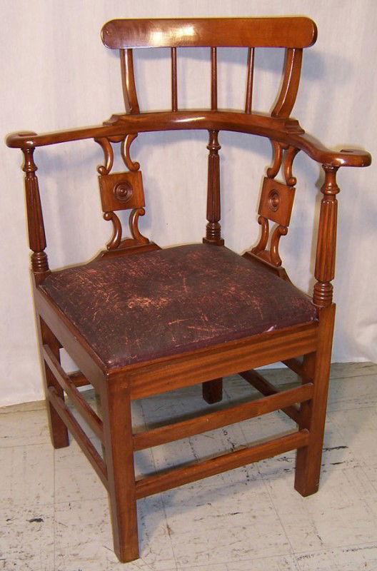19th century mahogany corner chair w/ leather seat: 19th century mahogany corner chair with leather seat.