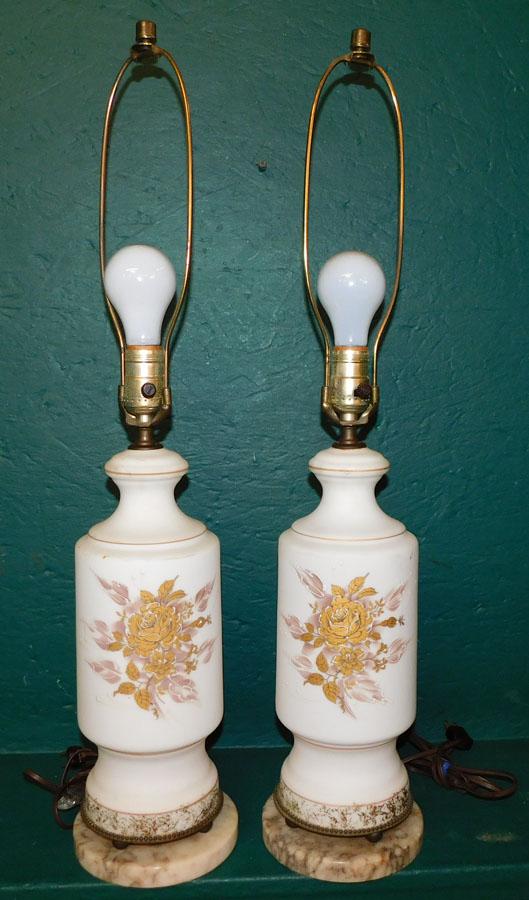 Pair Paint Decorated Glass Lamps W/ Marble Bases (1 of 3)