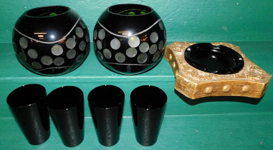 Pr Black Amethyst Rose Bowls & 4 Glasses, Ashtray: Pair Black Amethyst Rose Bowls & 4 Glasses - Ashtray . 6 1/2" H - Tallest