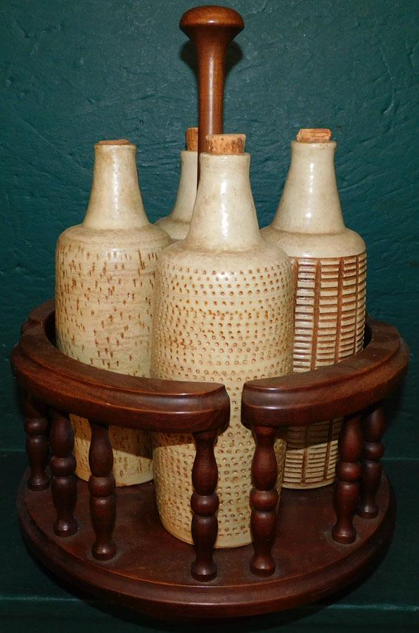 Walnut Decanter Stand W/ 4 Pottery Bottles Signed (1 of 3)