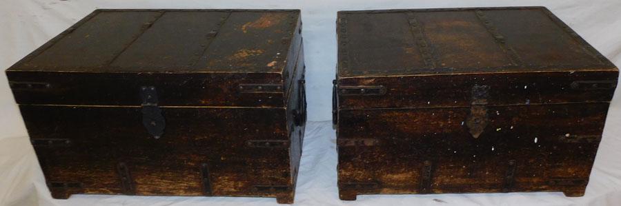 Pair Metal Strapped Campaign Style Wooden Boxes (1 of 2)
