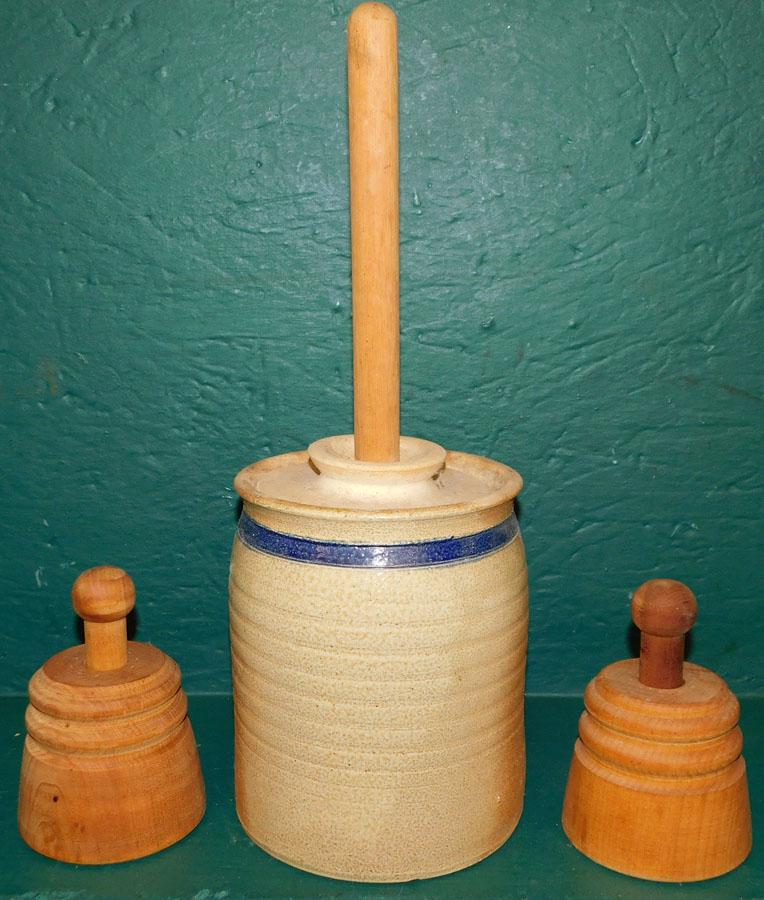 Two Wood Butter Molds & Stone Ware Butter Churn (1 of 2)