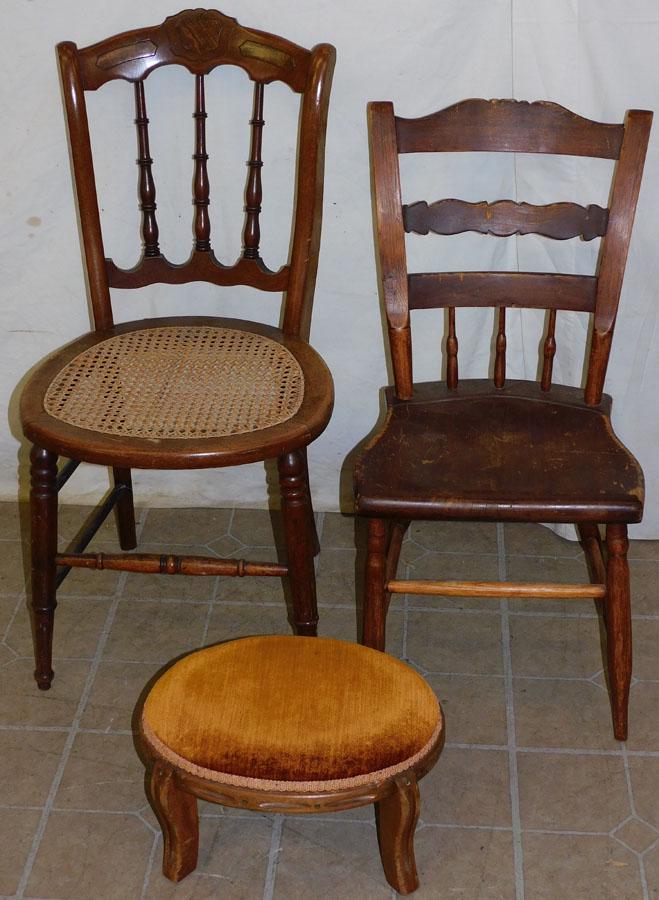 Two Antique Side Chairs & Foot Stool (1 of 3)