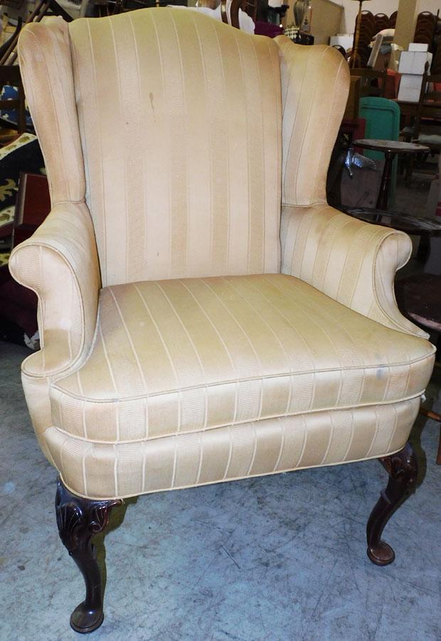 Mahogany Carved Upholstered Wing Chair: Mahogany Carved Upholstered Wing Chair. 41 1/4" H