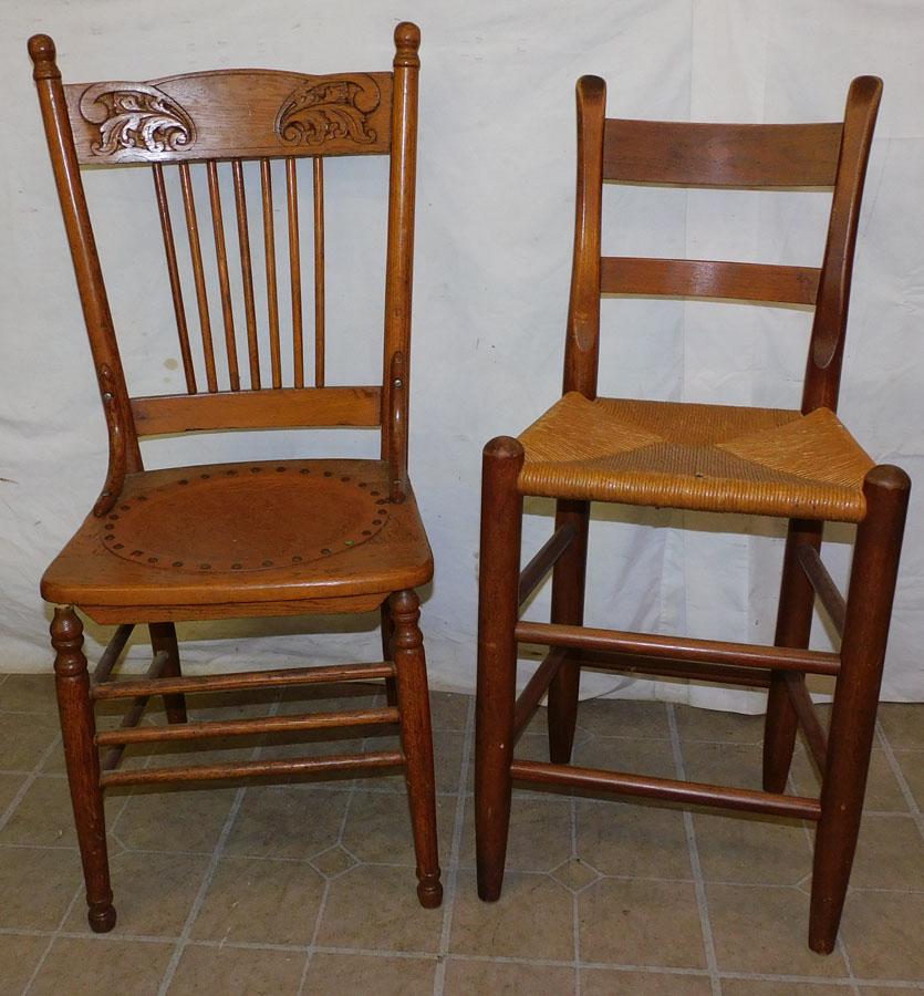 Antique Oak Side Chair & Rush Bottom Oak Stool (1 of 2)