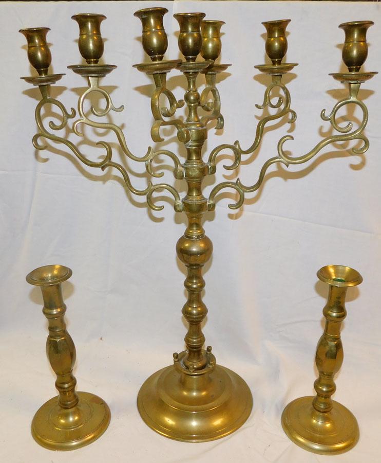 Brass Candelabra & Pair Brass Candlesticks (1 of 1)