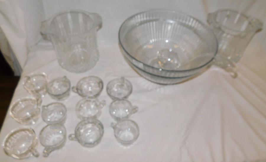 Pressed Glass Punch Bowl W/ Cups & 2 Ice Buckets (1 of 5)